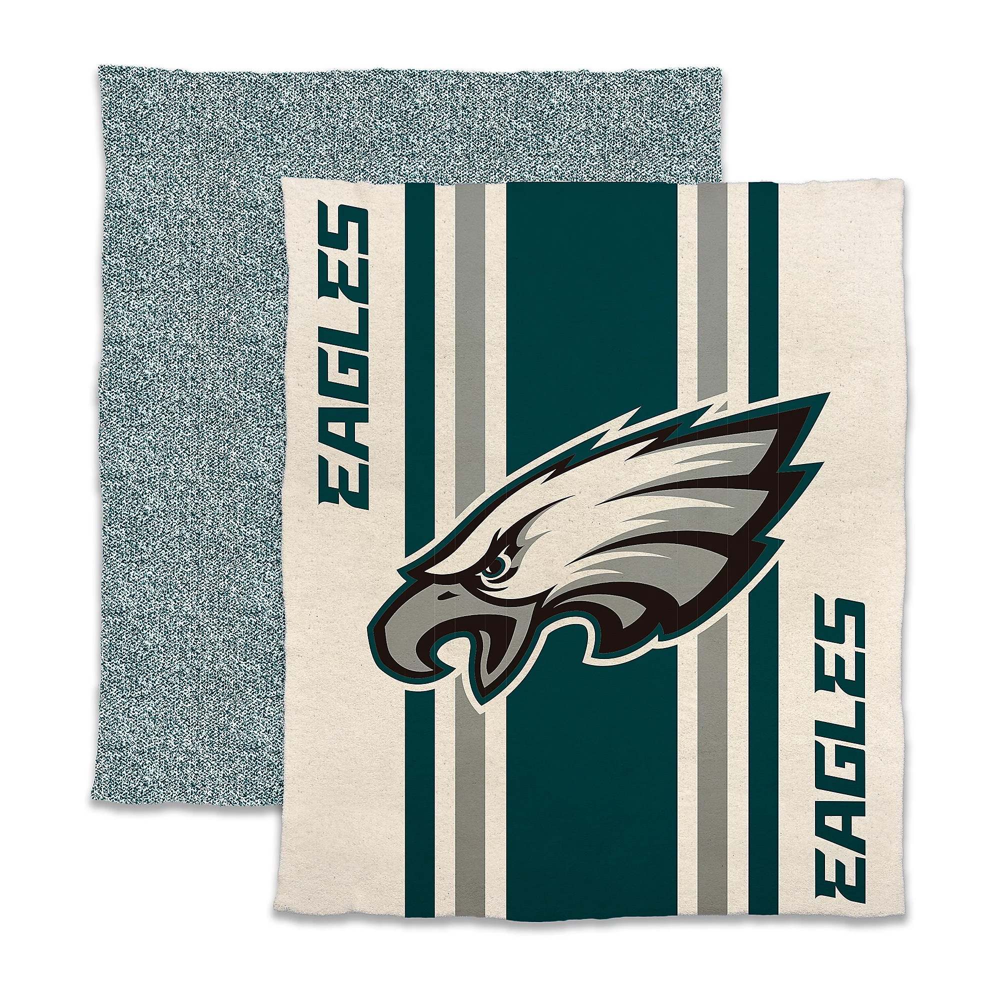 NFL throw blankets featuring a bold eagle logo on a striped background with \“EAGLES\“ written on the sides. The blankets have a green and cream color scheme.
