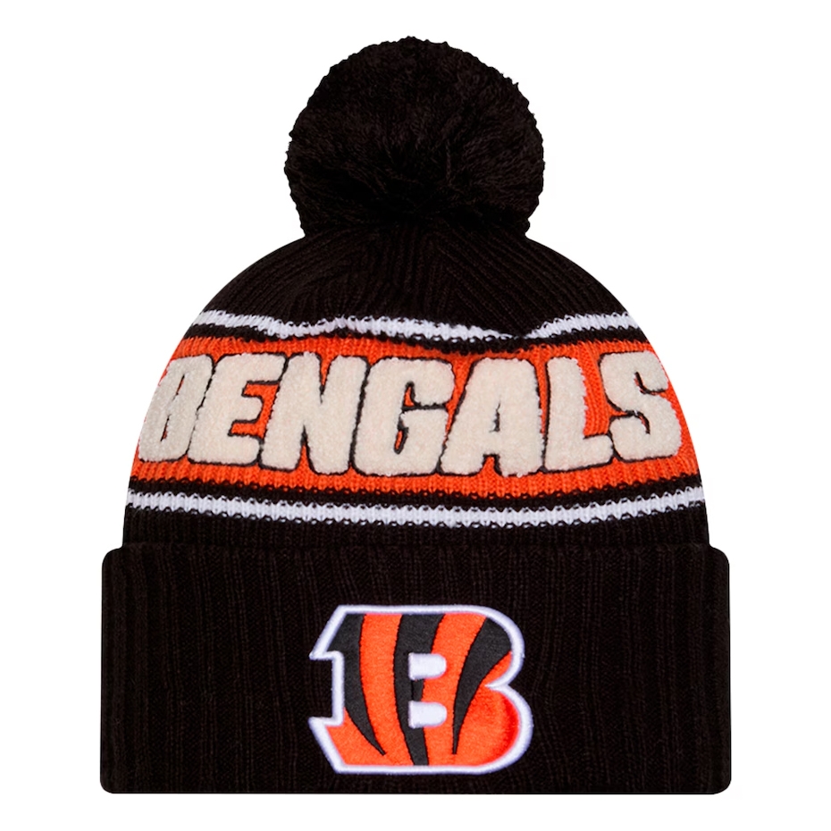 Black knit beanie with a pom-pom, featuring the word \“BENGALS\“ and a striped \“B\“ logo in orange and white.