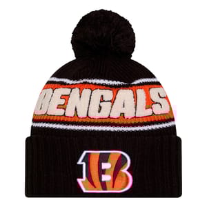 Black knit beanie with a pom-pom, featuring the word \“BENGALS\“ and a striped \“B\“ logo in orange and white.