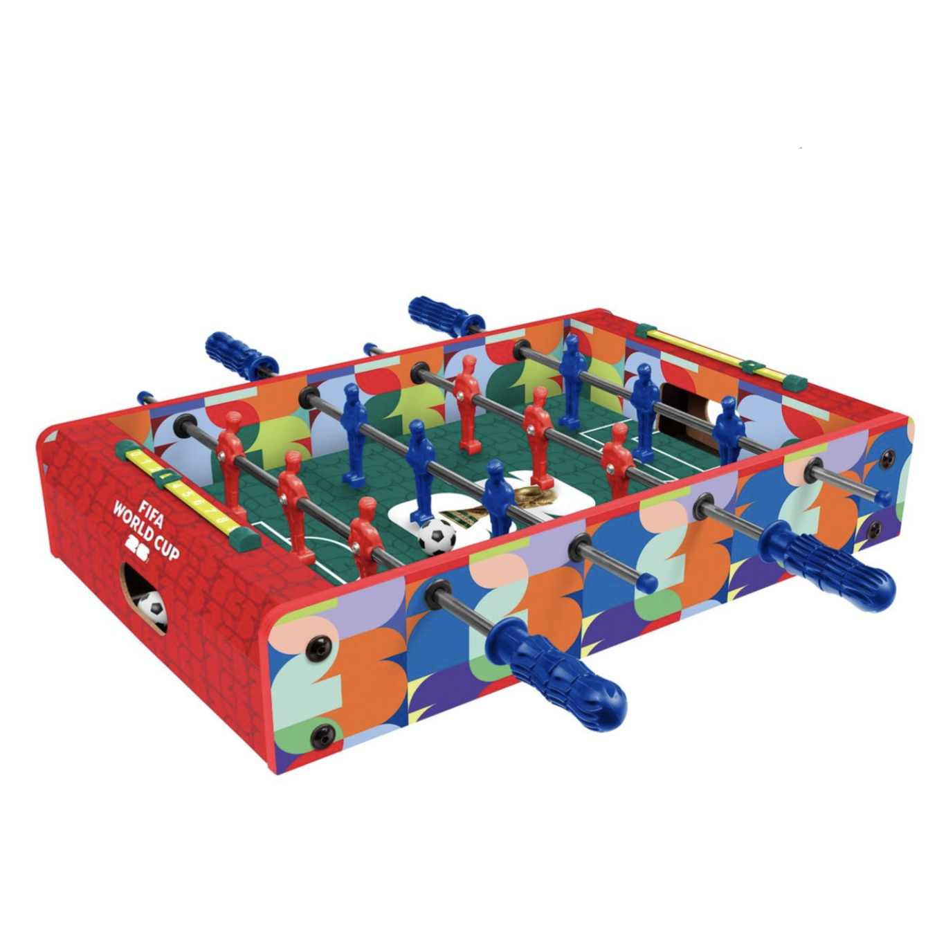 Colorful foosball tabletop game featuring red and blue player figures, FIFA World Cup branding, and vibrant geometric patterns.