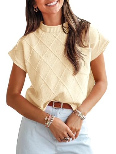 Sleeveless diamond-patterned yellow sweater with round neck, paired with a light blue skirt and accessorized with a brown belt and bracelets.