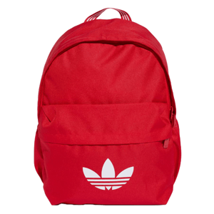 A red backpack featuring a white trefoil logo on the front pocket.