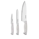 A three-piece Farberware knife set, featuring a paring knife, a serrated utility knife, and a chef's knife, all with light-colored handles.