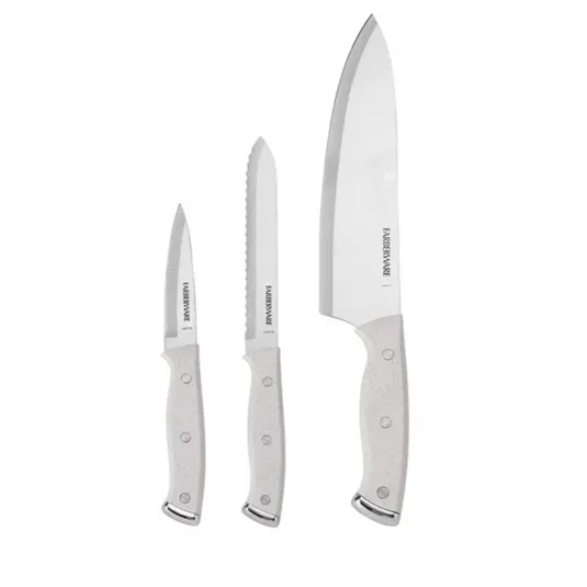 A three-piece Farberware knife set, featuring a paring knife, a serrated utility knife, and a chef's knife, all with light-colored handles.