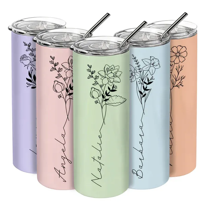 Five pastel-colored tumblers with floral designs and personalized names in script. Each tumbler features a metal straw and clear lid.