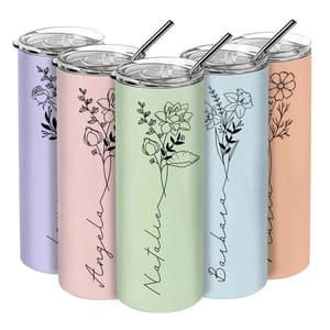 Five pastel-colored tumblers with floral designs and personalized names in script. Each tumbler features a metal straw and clear lid.