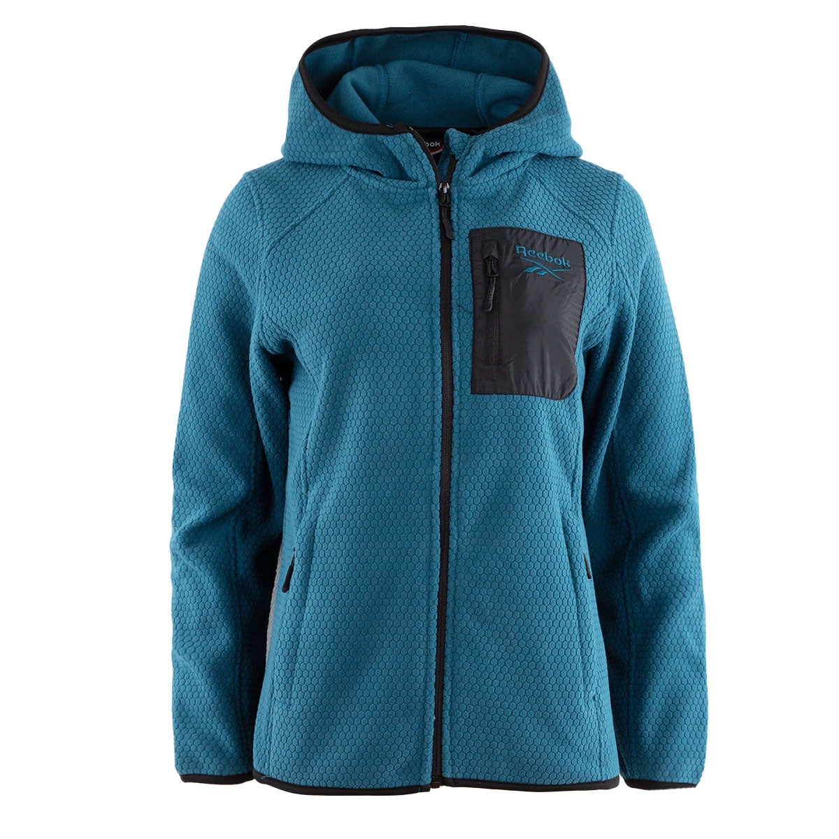 Reebok Honeycomb Fleece Jacket in teal features a textured honeycomb pattern, full front zipper, attached hood, and a black zippered chest pocket for added storage.