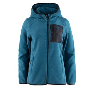 Reebok Honeycomb Fleece Jacket in teal features a textured honeycomb pattern, full front zipper, attached hood, and a black zippered chest pocket for added storage.