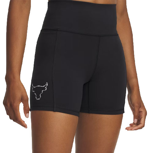 Black high-waisted athletic shorts with a bull logo on the lower left side.