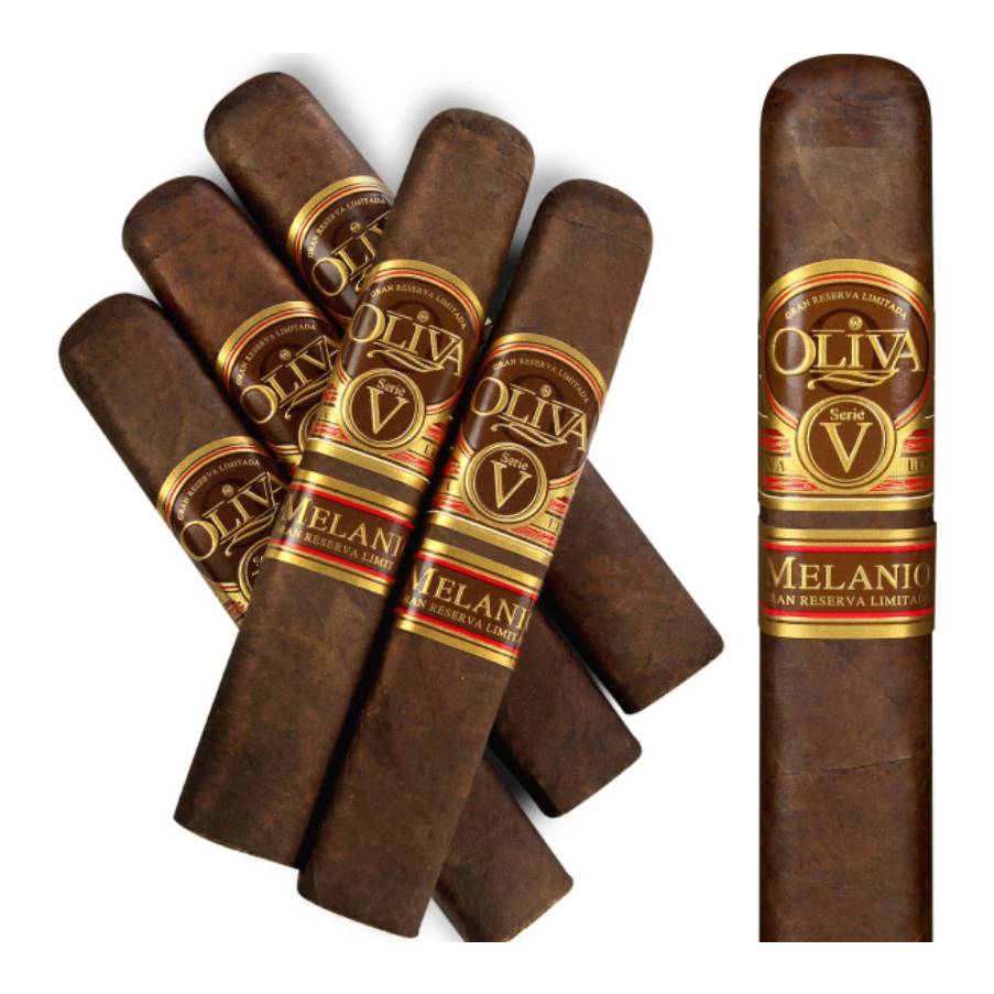 A set of six Oliva Serie V Melanio cigars with brown wrappers and decorative gold and red bands.