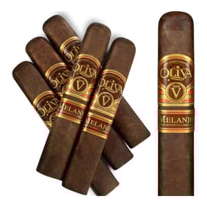 A set of six Oliva Serie V Melanio cigars with brown wrappers and decorative gold and red bands.