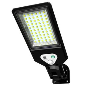 A rectangular solar motion light with multiple LED bulbs on the front, featuring a sensor and power button on a black, adjustable mounting bracket. Designed for outdoor use.