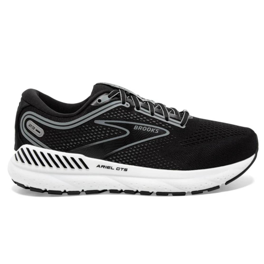 A pair of black Brooks Ariel GTS 23 running shoes with white soles and the brand logo in white on the sides.