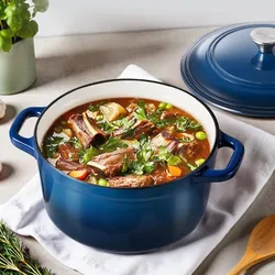 A blue Dutch oven filled with a hearty stew featuring meat, carrots, peas, and garnished with fresh herbs, sits on a counter next to its lid.