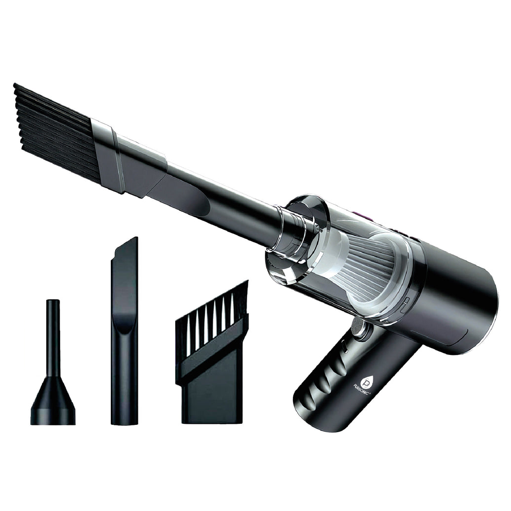 Compact handheld vacuum with multiple attachments, including a slim nozzle, a crevice tool, and a soft brush, designed for versatile cleaning tasks.