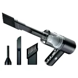 Compact handheld vacuum with multiple attachments, including a slim nozzle, a crevice tool, and a soft brush, designed for versatile cleaning tasks.