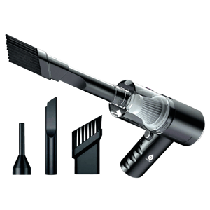 Compact handheld vacuum with multiple attachments, including a slim nozzle, a crevice tool, and a soft brush, designed for versatile cleaning tasks.