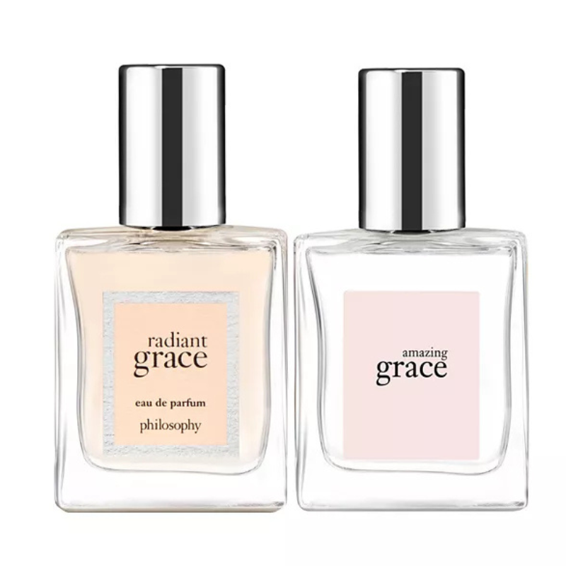 2-piece perfume set from Philosophy featuring \“Radiant Grace\“ and \“Amazing Grace\“ eau de parfum, each in a clear rectangular bottle with silver caps.