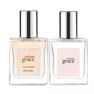 2-piece perfume set from Philosophy featuring \“Radiant Grace\“ and \“Amazing Grace\“ eau de parfum, each in a clear rectangular bottle with silver caps.
