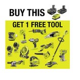 Buy a set of two batteries with a charger and receive one free tool from a selection, including various power tools like drills, saws, and a fan.