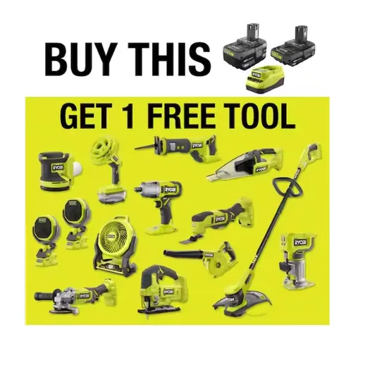 Buy a set of two batteries with a charger and receive one free tool from a selection, including various power tools like drills, saws, and a fan.