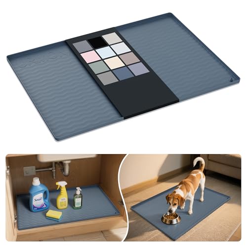 Multi-use silicone mat shown in a flat view with color options, used under a kitchen sink for cleaning supplies and as a pet feeding area.