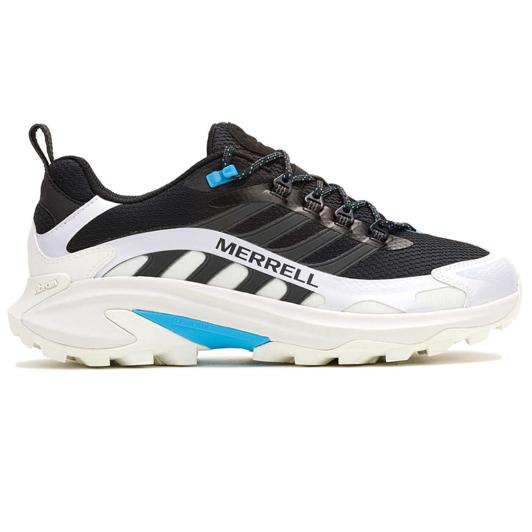 Merrell athletic shoe featuring a black and white design with blue accents, prominent Merrell logo, and a chunky sole with FlexConnect technology for grip.