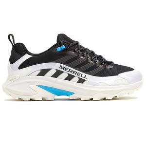 Merrell athletic shoe featuring a black and white design with blue accents, prominent Merrell logo, and a chunky sole with FlexConnect technology for grip.