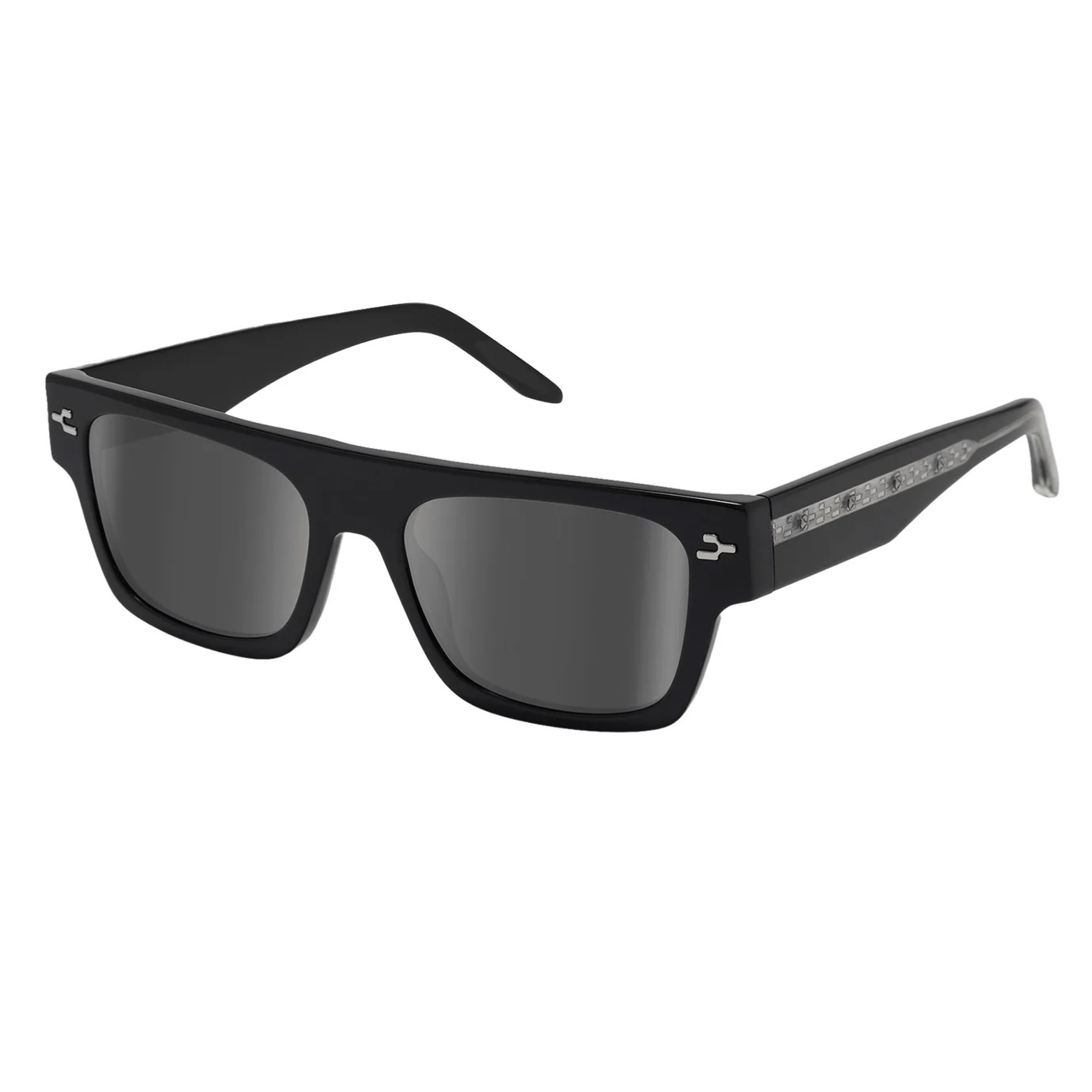 Black rectangular sunglasses with dark lenses and an embellished side logo.