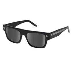 Black rectangular sunglasses with dark lenses and an embellished side logo.