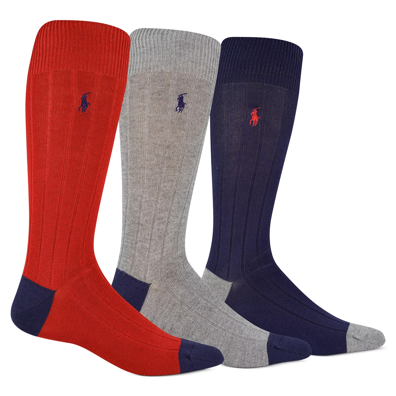 Three pairs of knee-high socks in red, gray, and navy, each featuring a contrasting toe and an embroidered horse logo.