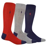 Three pairs of knee-high socks in red, gray, and navy, each featuring a contrasting toe and an embroidered horse logo.