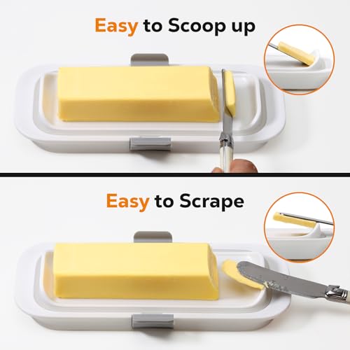 Butter dish with a sloped edge design, making it easy to scoop or scrape butter using a knife.