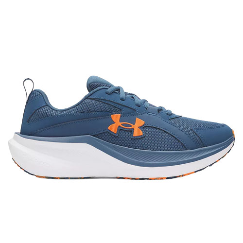 A blue athletic shoe with an orange logo, featuring a thick white sole designed for running or casual wear.