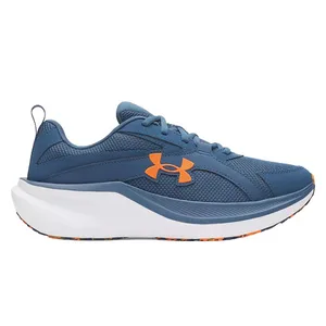 A blue athletic shoe with an orange logo, featuring a thick white sole designed for running or casual wear.