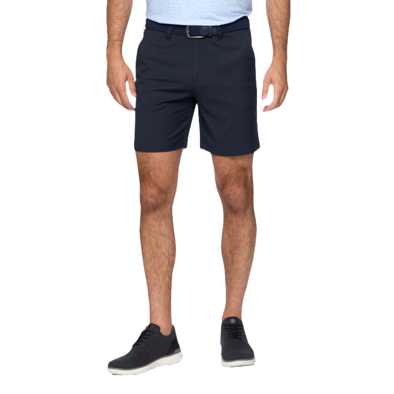 Navy blue shorts with a tailored fit, featuring a matching belt. Worn with a light blue shirt and dark sneakers, they offer a clean, casual look.