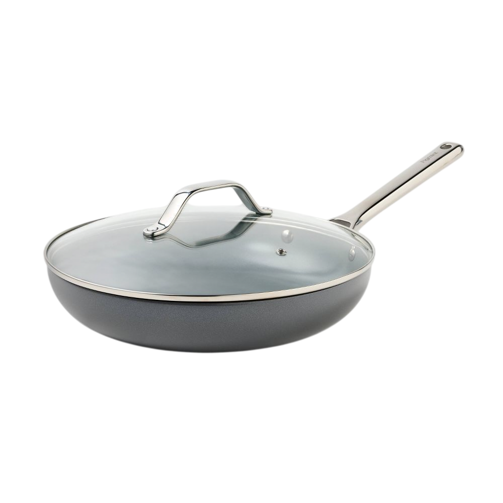 Non-stick frying pan with a glass lid and a long metal handle.