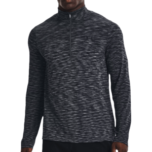 A men's long-sleeve, dark gray, half-zip pullover with a textured pattern and fitted design.