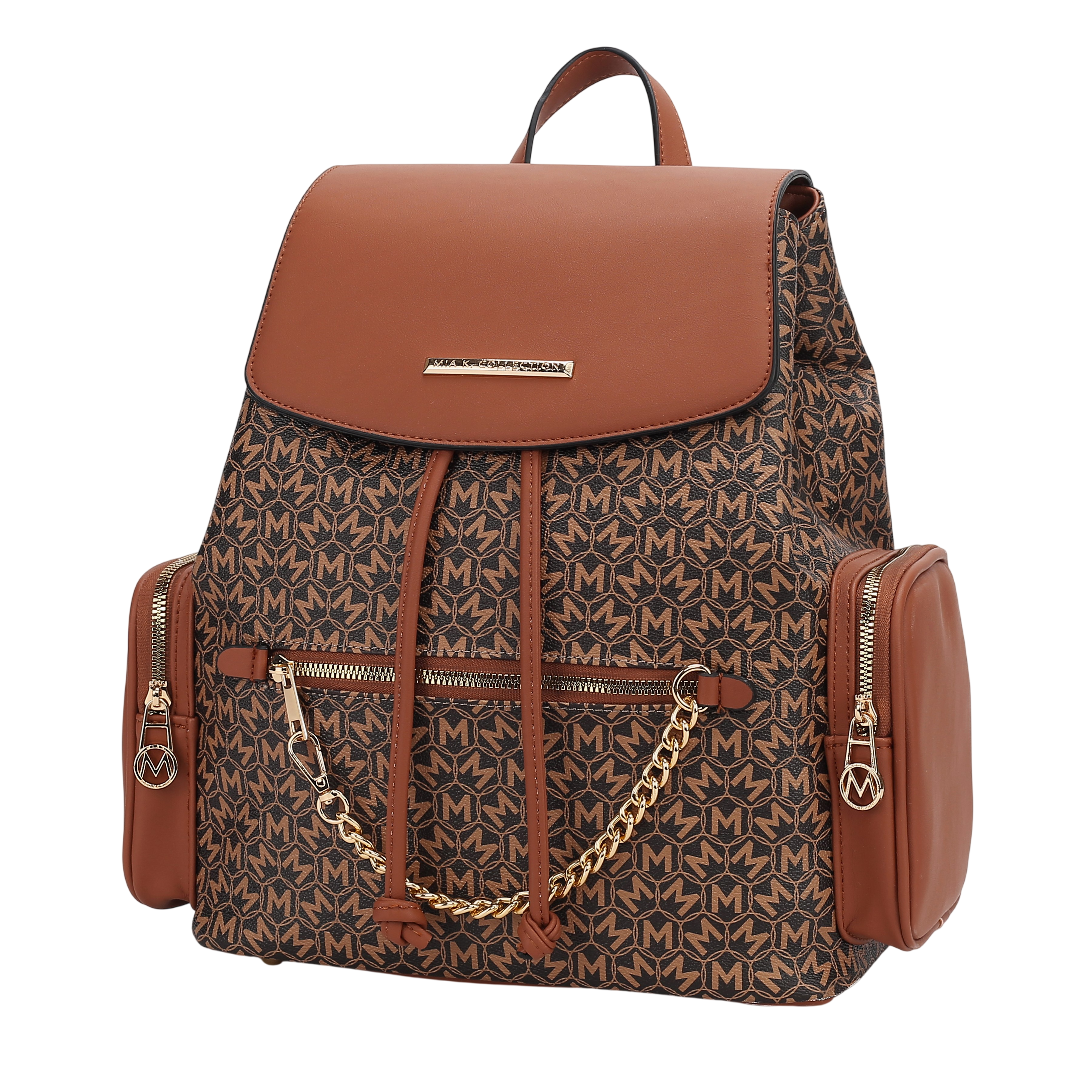 A brown and monogrammed patterned backpack with a top flap, two side zipper pockets, two front zipper pockets, and chain embellishment, featuring gold-tone hardware and a top handle.