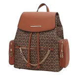 A brown and monogrammed patterned backpack with a top flap, two side zipper pockets, two front zipper pockets, and chain embellishment, featuring gold-tone hardware and a top handle.