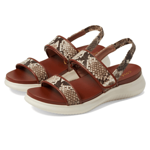 Brown sandals featuring a white sole, with leather upper straps and snake-print details. They have an ankle strap and a sporty design.