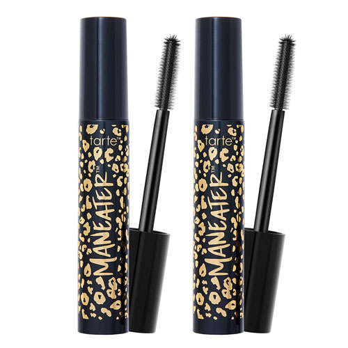 2pk Tarte Maneater Mascara features two tubes with leopard print designs, each containing a volumizing mascara with a spiky brush wand for defining and lengthening lashes.