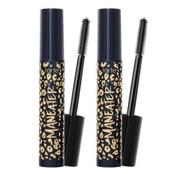 2pk Tarte Maneater Mascara features two tubes with leopard print designs, each containing a volumizing mascara with a spiky brush wand for defining and lengthening lashes.