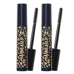 2pk Tarte Maneater Mascara features two tubes with leopard print designs, each containing a volumizing mascara with a spiky brush wand for defining and lengthening lashes.