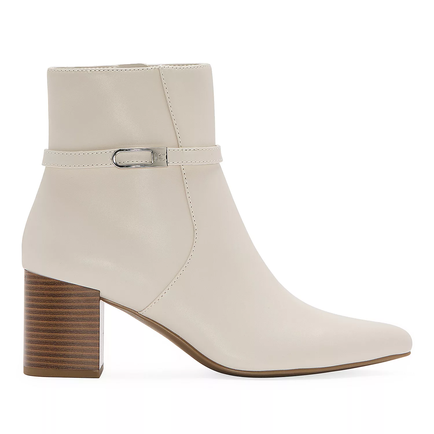 Cream ankle boot with a smooth upper, a decorative side strap, and a block heel with a wood-like finish.