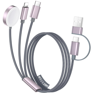 A 4-in-1 charging cable with a USB connector, USB-C, Lightning, and magnetic charger, 4 feet long, featuring a braided design for durability.