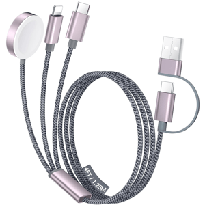 A 4-in-1 charging cable with a USB connector, USB-C, Lightning, and magnetic charger, 4 feet long, featuring a braided design for durability.