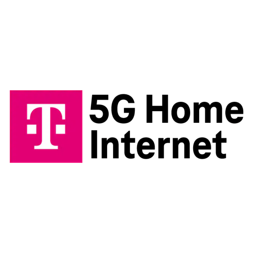 Logo for T-Mobile 5G Home Internet with a magenta \“T\“ symbol and bold black text.