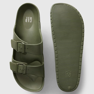 A pair of olive green slide sandals with two straps and a contoured footbed.
