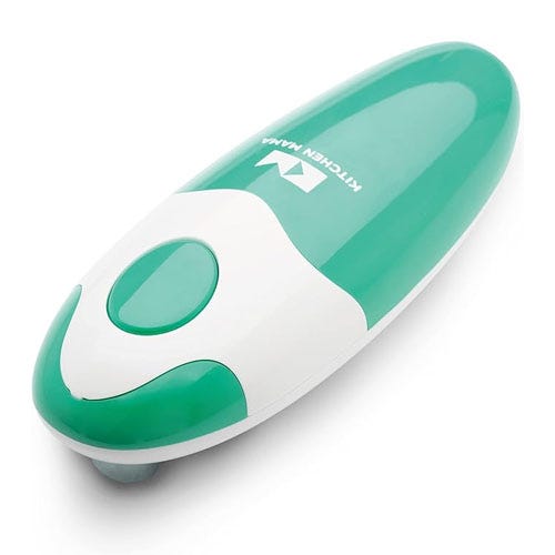 A green can opener from the Kitchen Mama brand.